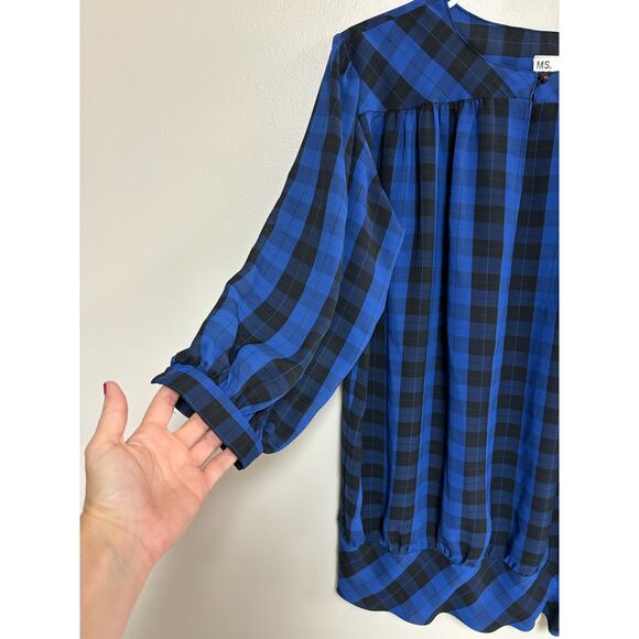 Vtg Ms. Paquette top shirt blouse blue black plaid 3/4 sleeves lightweight S - Picture 2 of 7